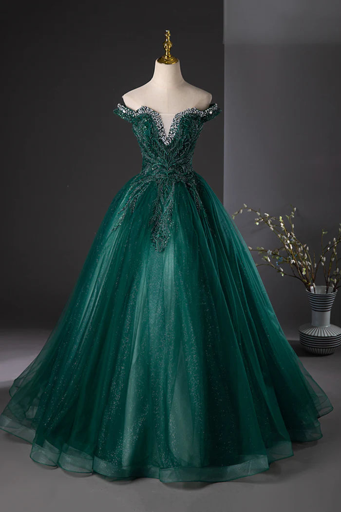 Green Tulle Beads Long Prom Dress, Elegant Off Shoulder Party Formal Dress